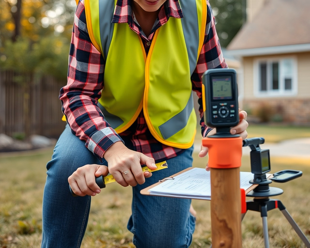 Telekhatár felmérés: a szakember mérőszalaggal és jelzőrudakkal pontosan kiméri és kijelöli a telekhatárt a talajon, GPS-es eszköz rögzíti a koordinátákat.