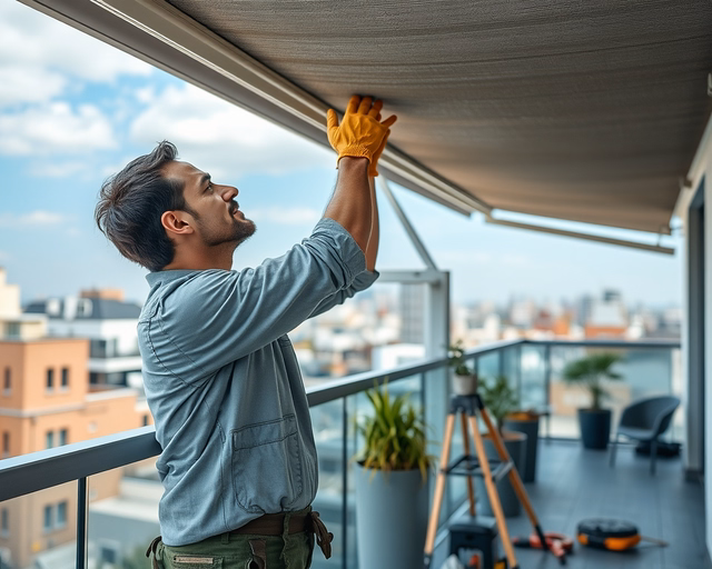 Szakember pergola jellegű terasztetőre szerel árnyékoló lamellákat: pontos mérés, fúrás, UV-álló vászon és alumínium profilok rögzítése, kábelezés motoros mozgatáshoz, esztétikus, hővédő árnyékolás.