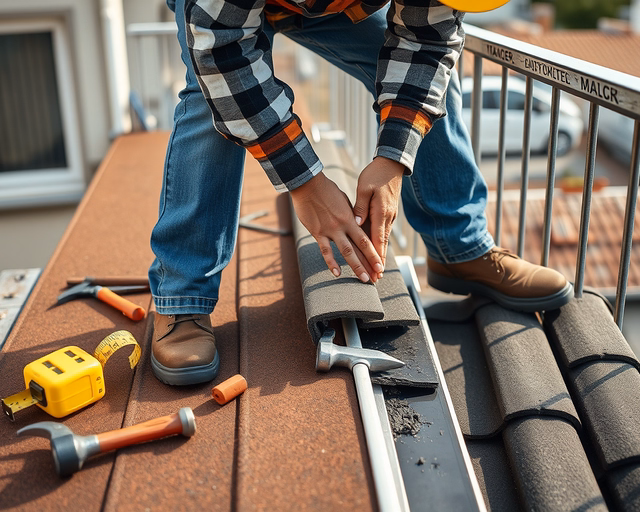 Szakember terasztetőt szerel: tartószerkezet rögzítése, vízzáró fedés felhelyezése, lejtés beállítása, csatorna és szegélyek illesztése. Precíz tetőfedés, időjárásálló védelem.