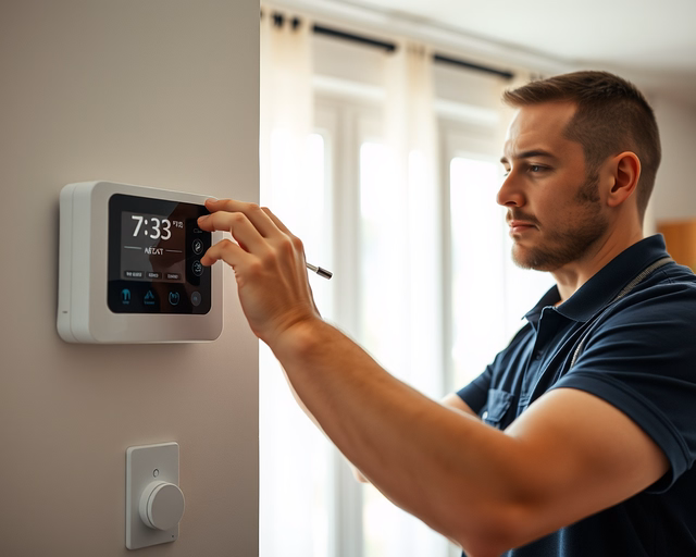 Szaki finoman szétszereli a termosztátos gázkonvektort, ellenőrzi a termosztát csatlakozásait és a hőérzékelőt, majd beállítja a szabályozót a pontos hőmérséklethez.