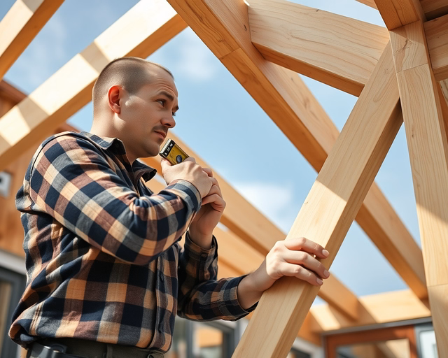 Szakemberek tető építése és szerelése közben: tartószerkezet felállítása, szarufák illesztése, fóliázás, lécezés, cserepezés. Biztonsági felszerelés, állványzat, precíz kivitelezés.
