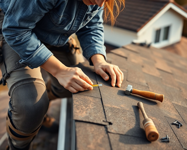 Tetőkészítés alapjai: szakember mérőszalaggal pontosan kiméri a tetőszerkezet szögét, majd jelöli a cserepezés és szigetelés pontos helyét a munkaterületen.