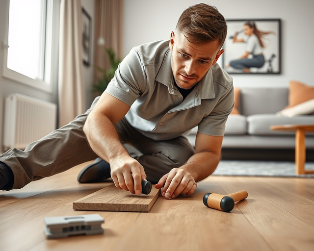 Mester precízen fekteti a Tölgy laminált padlót: méri, vágja, alátétet simít, csapolásokat illeszt és szegőléceket rögzít a tiszta, egyenletes felületért.