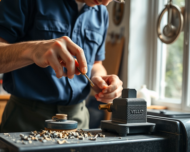 Fotó egy mesteremberről, amint professzionálisan tollas kulcs másolást végez egy irodában.
