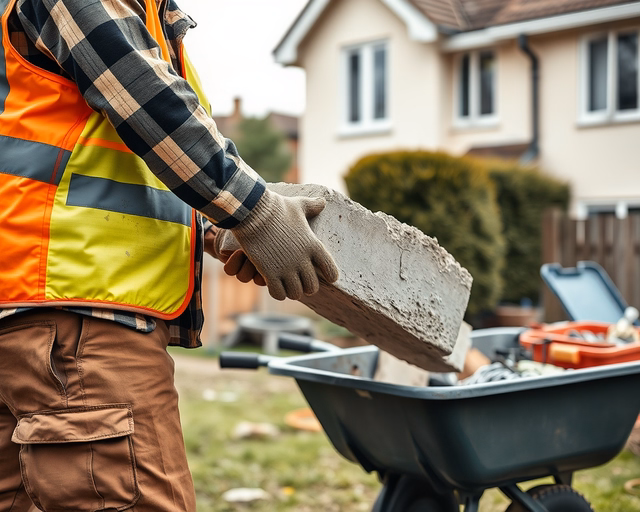 Törmelék elszállítása: munkás erős kesztyűben és védősisakban lapátolja a törmeléket a teherautó platójára, majd gondosan megköti és rögzíti a rakományt a biztonságos szállításhoz.