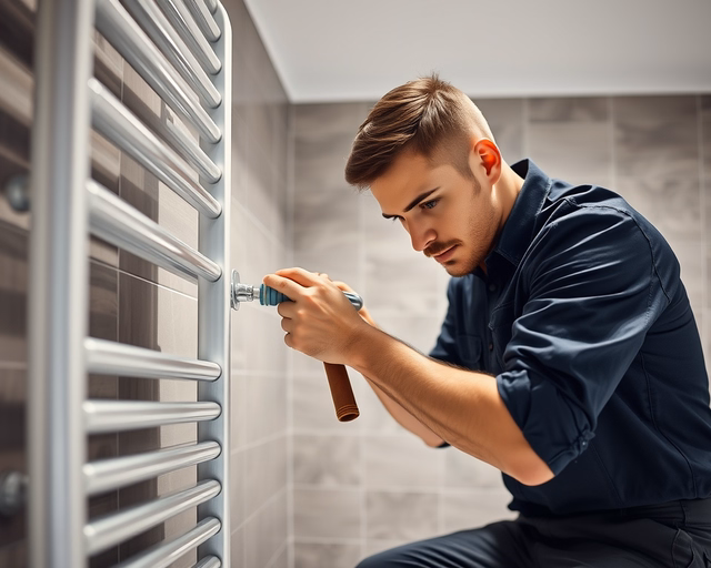 Szerelő finoman leszereli a régi törölközőradiátort a falról, leereszti a rendszert, csatlakozókat ellenőriz és új, modern törölközőradiátort szerel fel precízen.