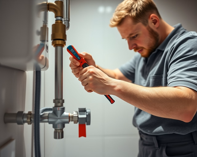 Egy szerelő fehér kesztyűben egy fürdőszobai törülközőszárítós radiátort szerel fel: csöveket illeszt, csavarokat meghúz, vízcsatlakozást ellenőriz — Törülközőszárítós radiátor.