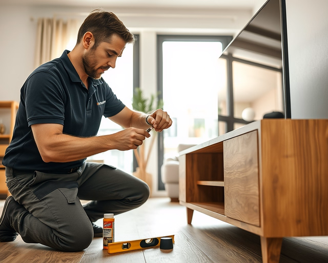 Fotó egy bútorösszeszerelőről, amint gondosan TV-állvány javítást végez egy nappaliban.