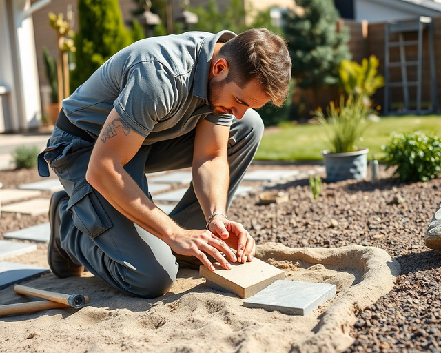 Fotó egy mesteremberről, amint körültekintően udvari sétány térkő burkolást végez egy kertben.