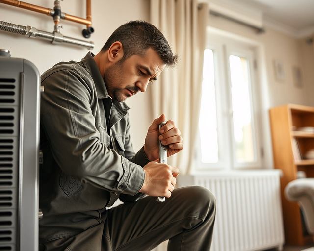 Szerelő beszereli az új gázkonvektort a falra, csatlakoztatja a gázvezetéket és elektromos táplálást, ellenőrzi tömítettséget és működést — Új gázkonvektor.