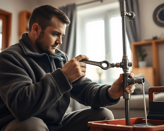 Szerelő finoman felszerel egy új konvektort a falra, csatlakoztatja a fűtéscsöveket és elektromos vezetéket, légtelenítést végez és ellenőrzi a működést — Új konvektor.