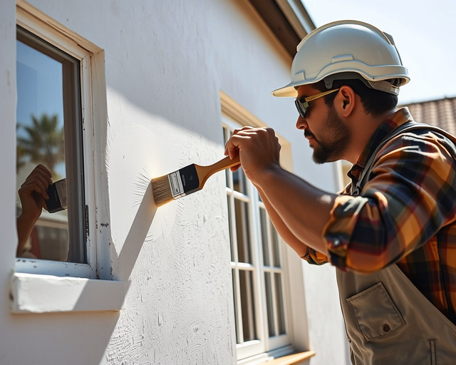 Munkások biztonsági felszerelésben előkészítik a felületet csiszolással és alapozással, majd UV-álló festékkel hengerrel és ecsettel egyenletes réteget visznek fel a kültéri homlokzatra.