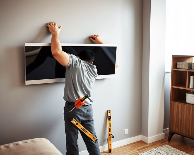 Szerelő óvatosan rögzíti az Üveglapos fűtőpanelt a fali tartócsavarokra, közben elektromos csatlakozásokat szigeteli és hőszigetelő hátlapot igazít a panel mögé.