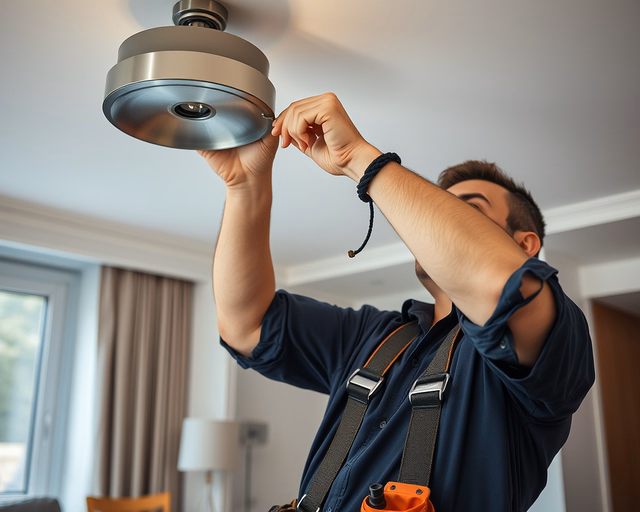 Egy villanyszerelő precízen szereli be a mennyezeti lámpát, csatlakoztatva a vezetékeket és rögzítve a csillárt; Világítás lángmentes teszttel ellenőrizve.