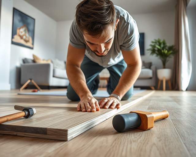 Szerelő helyez világos laminált padlót: precízen mér, vág és illeszt panelek egymáshoz, miközben ütközőréteget és ragasztót alkalmaz a sima, egyenletes felületért.