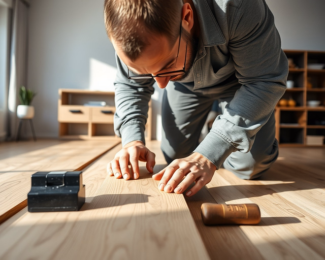 Fénykép: szakember világos tölgy laminált padlót fektet precízen, soronként illesztve a lapokat és ragasztó nélküli panelekhez ütőkefével igazítva — „világos tölgy laminált padló” szerepel a képen.