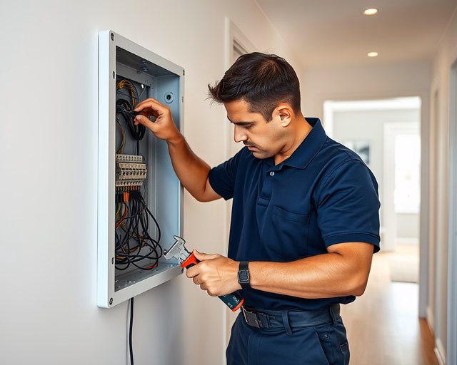 Fotó egy villanyszerelő mesterről, amint gondosan végzi a villamos hálózat szerelést egy házban.