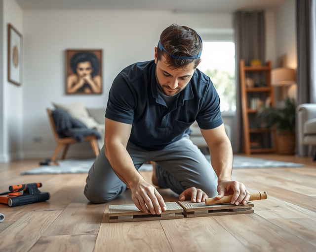 Vinil laminált padló: szakember precízen felragasztja a vinil laminált padlólapot, simítóval eltávolítja a légbuborékokat és egymáshoz illeszti a panelek illesztéseit.