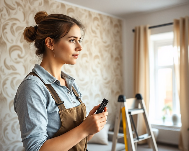 Vinyl falra: szakember precízen simítja fel a vinil fóliát a falra, levegőbuborékokat kinyomva és lapos spaklival rögzítve a sarkoknál.