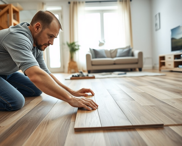 A szerelő simán fekszik a laminált padlón, mérőszalaggal igazítja a vinyl padlócsíkot, ragasztót ken, majd pontosan illeszti és hengerrel kisimítja a felületet — Vinyl padló lerakása laminált padlóra.