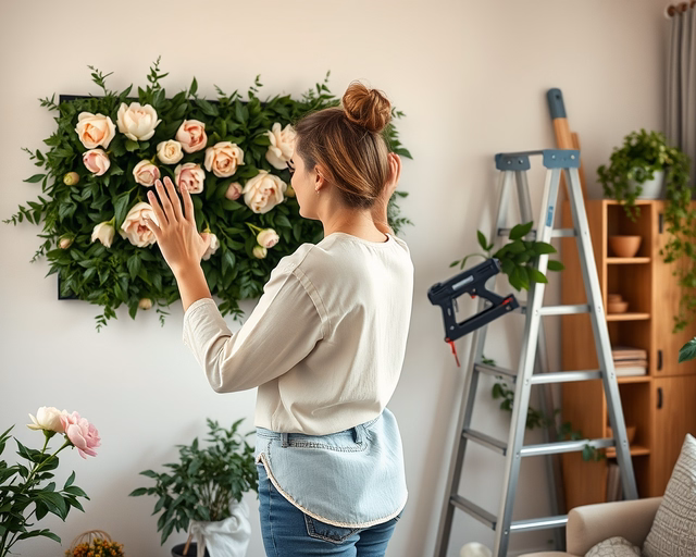 Virágfal elkészítése: virágkötő gondosan rögzíti friss rózsákat és zöldeket habpanelre, egyenletes réteget alkotva, hogy élénk, sűrű virágfalat hozzon létre.