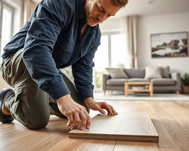 Szakember polírozóval és vízzáró ragasztóval helyezi fel a Vízálló, kőhatású laminált padló egyenletes rétegben, gondosan illesztve a panelek illeszkedését és fugáit.