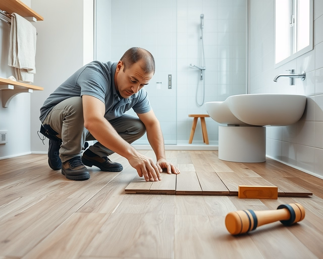 Vízálló laminált padló telepítése a fürdőszobába: szakember precízen illeszti és ragasztja a paneleket, gumitömítést alkalmaz a sarkoknál, vízszigetelő alátétet fektet, majd letisztítja a felületet.