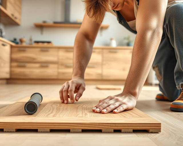 Szakember precízen méri és kivágja a Vízálló laminált padlót a konyhai csőáttörés körül, majd ragasztóval rögzíti és tömítést alkalmaz a szegélynél a vízzárás érdekében.