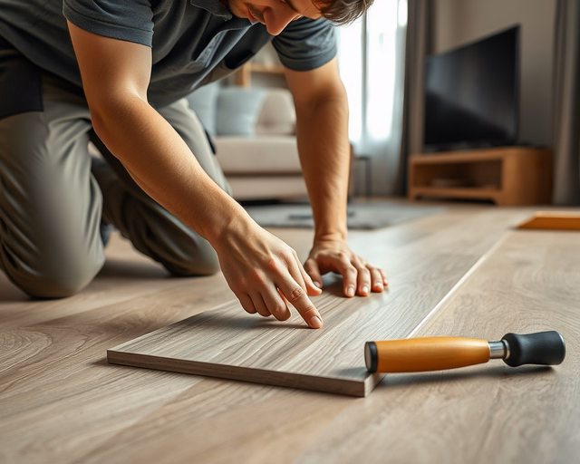 Szerelő precízen fekteti a vízálló laminált padlót: méri, vágja és illeszti a paneleket, miközben gumikalapáccsal finoman ütögeti őket a pontos illeszkedésért.