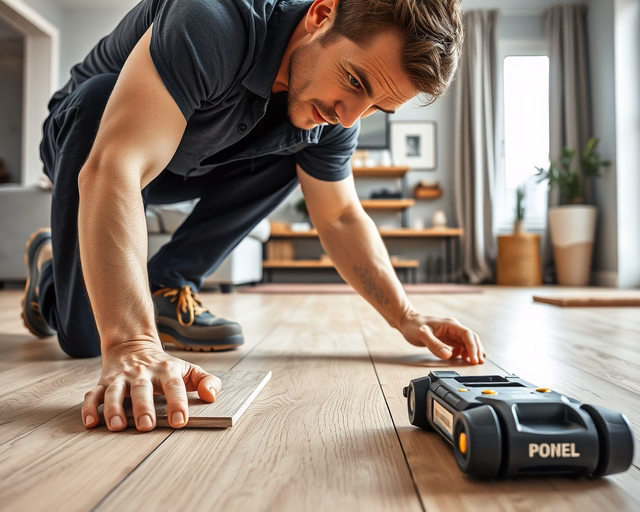 Vízálló laminált parketta: szakember precízen méri és illeszti a paneleket, vízszigetelő réteget simít, lapokat kopásmentesen rögzít és letörli a ragasztómaradványokat.