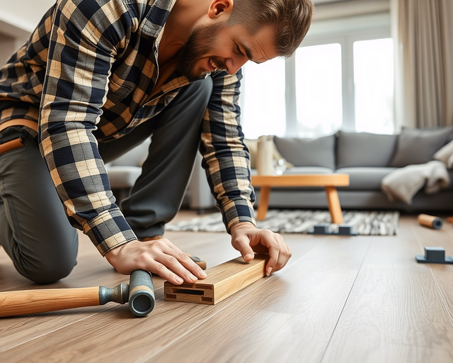 Mester precízen felragasztja a Vízálló laminált padlót: gumikalapáccsal illeszt, vízszigetelő réteget ellenőriz, fugáz, tisztít és simítja a lapokat tökéletes illeszkedéshez.