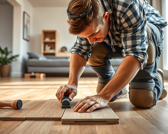Mester gondosan felhordja a vízhatlan laminált padló illesztéseinél a szilikon tömítőanyagot, hogy biztosítsa a vízállóságot és megakadályozza a nedvesség bejutását a szegélyeknél.