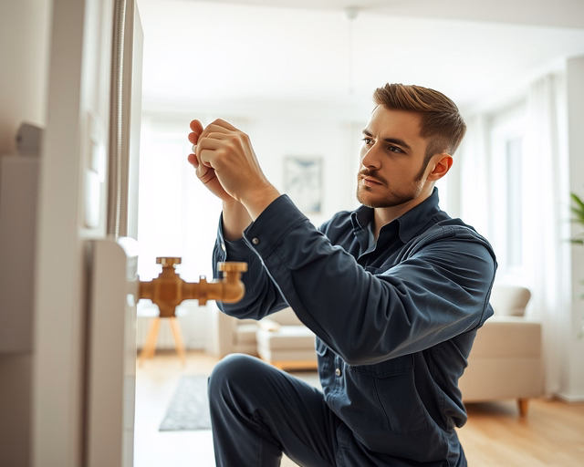 Szerelő csavarhúzóval levegőt ereszt a Vogel & Noot radiátorból: koncentrált mozdulat, légtelenítő szelepet lassan nyitja, buborékok távoznak, vízszint stabilizálódik.