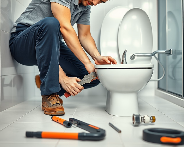 Fotó egy mesteremberről, amint szakszerűen WC-t köt be egy fürdőszobában.