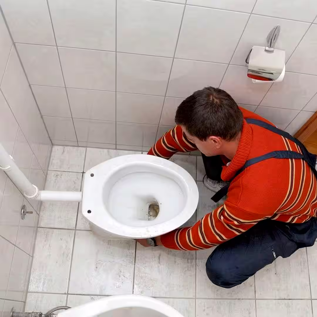 Egy szakember, wc csésze beépítése közben Szerencsen