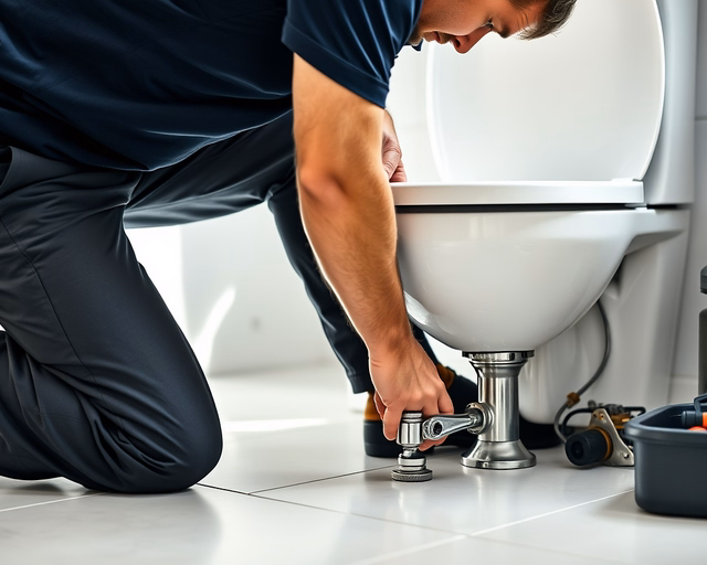 Fotó egy vízvezeték-szerelőről, amint gondosan WC csészét szerel egy fürdőszobában.