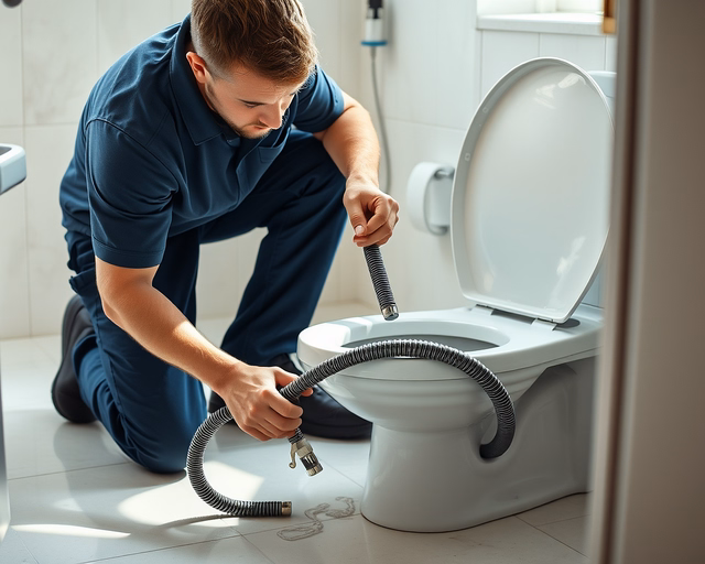 Fotó egy mesteremberről, amint körültekintően WC dugulást szüntet meg egy fürdőszobában.