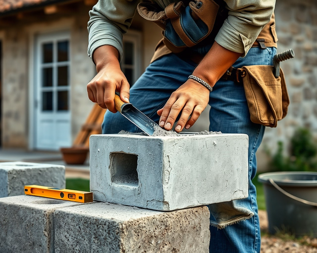 Ytong építkezés: munkás pontosan illeszti és ragasztja az ytong téglákat, simítóval eltávolítja a felesleges ragasztót, soronként ellenőrzi a vízszintet a tökéletes falhoz.