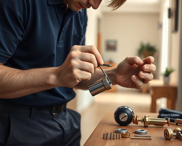 Fotó egy zárszerelőről, amint megbízhatóan zárbetét átkulcsolást végez egy házban.