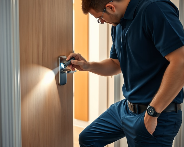 Fotó egy szakemberről, amint körültekintően zárbiztonsági auditot végez egy házban.