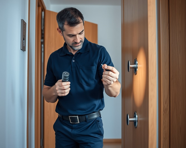 Fotó egy mesteremberről, amint körültekintően zárcsere szükségesség megállapítást végez egy házban.