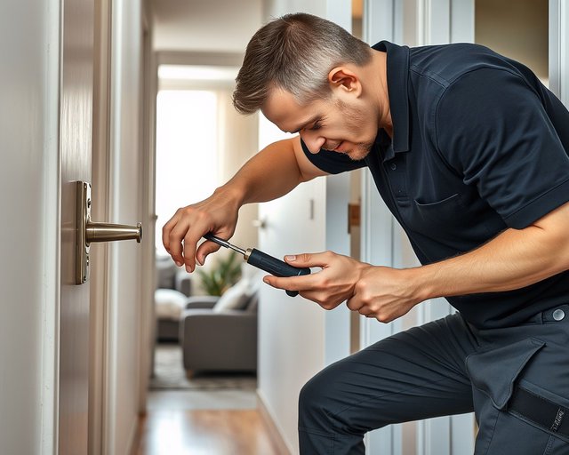 Fotó egy zárszerelőről, amint körültekintően zárcsere ügyeleti biztosítást végez egy irodában.