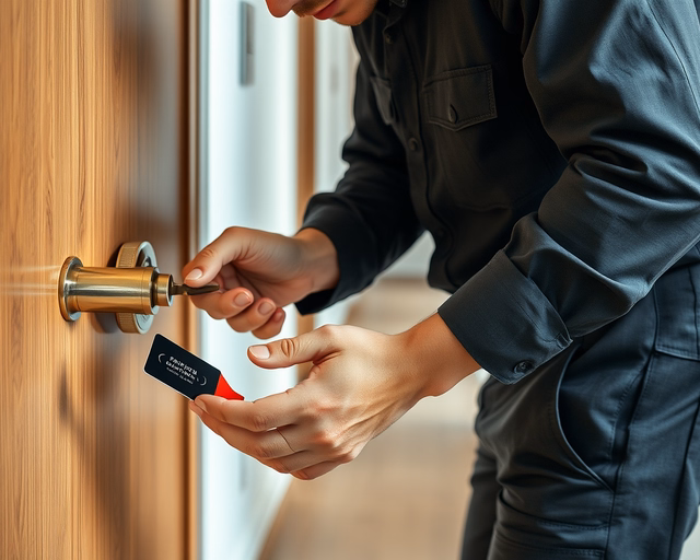 Fotó egy zárszerelőről, amint biztonságosan zárkártya pótlást végez egy házban.