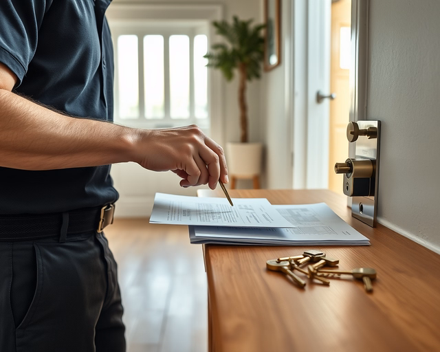 Fotó egy zárszerelőről, amint körültekintően zárrendszer dokumentálást végez egy irodában.