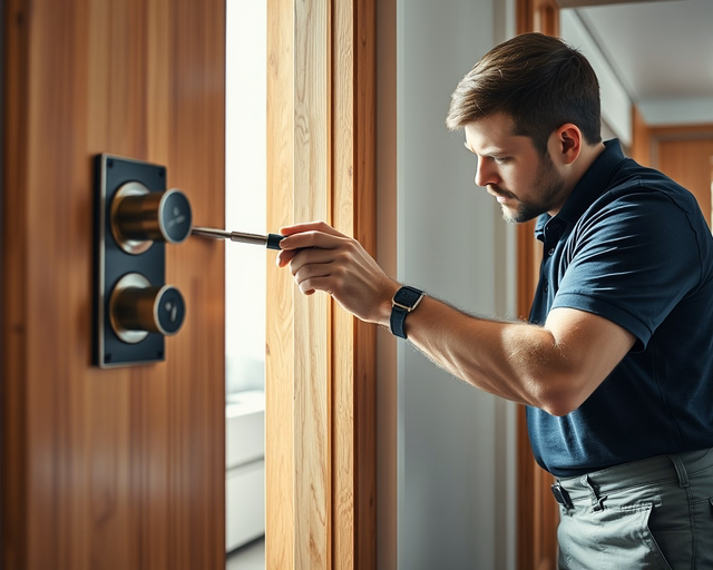 Fotó egy szakemberről, amint szakszerűen zárrendszer módosítást végez egy nappaliban.