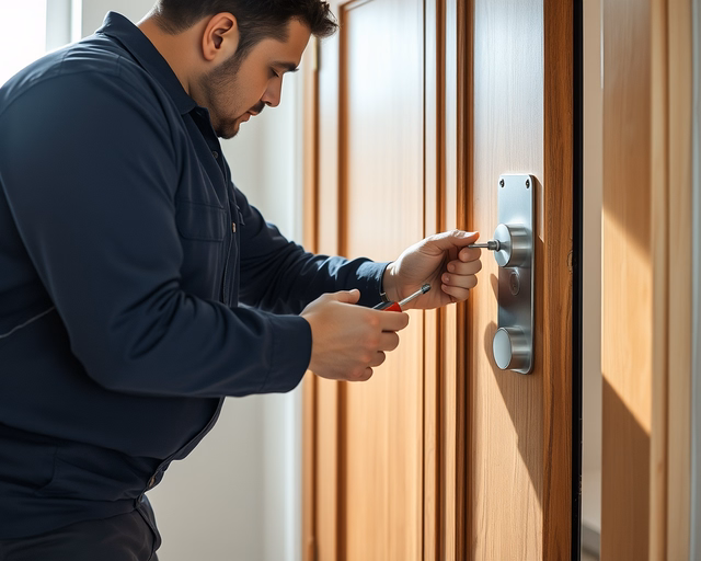 Fotó egy zárszerelőről, amint körültekintően zárvezérlő panel cserét végez egy házban.