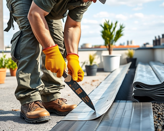 Kivitelező csapat zöldtetőt épít: vízszigetelés fektetése, drénréteg és szubsztrát terítése, szárazságtűrő növények ültetése. Fenntartható, hőszigetelő megoldás.