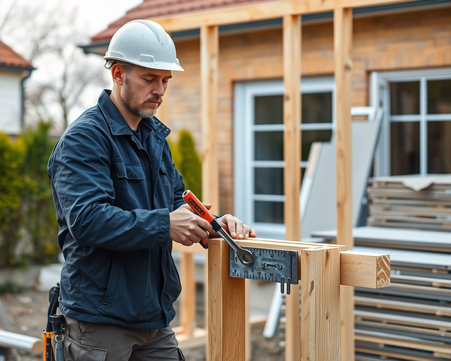 Zsalubérlés: munkások szakszerűen összeállítják és rögzítik a fa/zsaluzóelemeket betonöntés előtt, csavarozva és alátámasztva, hogy pontos formát és sima felületet biztosítsanak.