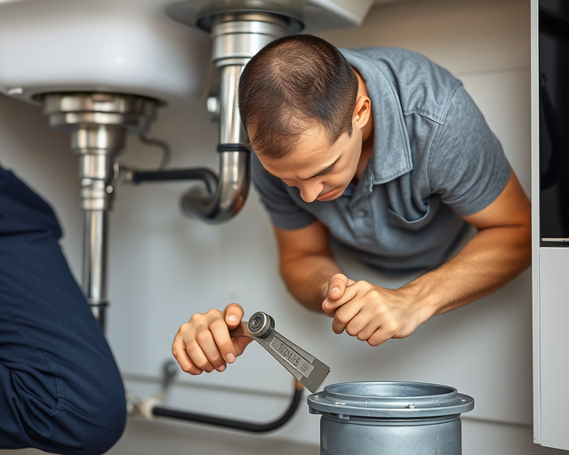 Fotó egy vízvezeték-szerelőről, amint gondosan zsírleválasztót javít egy konyhában.