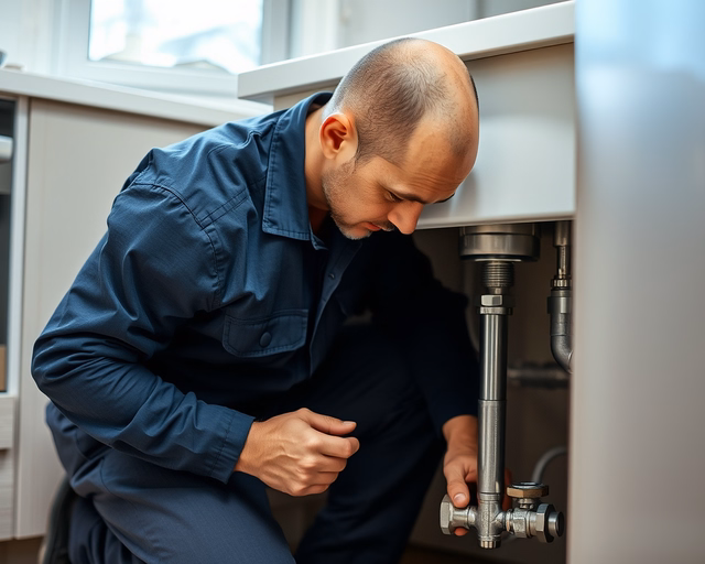 Fotó egy vízvezeték-szerelőről, amint körültekintően zsírleválasztót szerel egy udvaron.